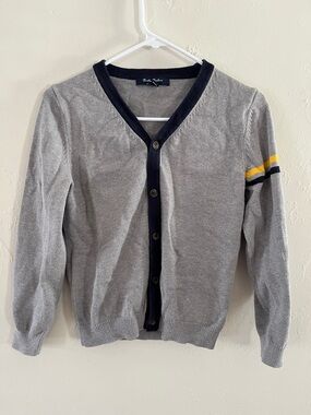 Brooks Brothers Fleece Light Gray Cardigan with Navy Trim and Yellow Arm Stripe